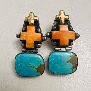 Dian Malouf sterling silver, turquoise and spiney osyter clip on earrings.
